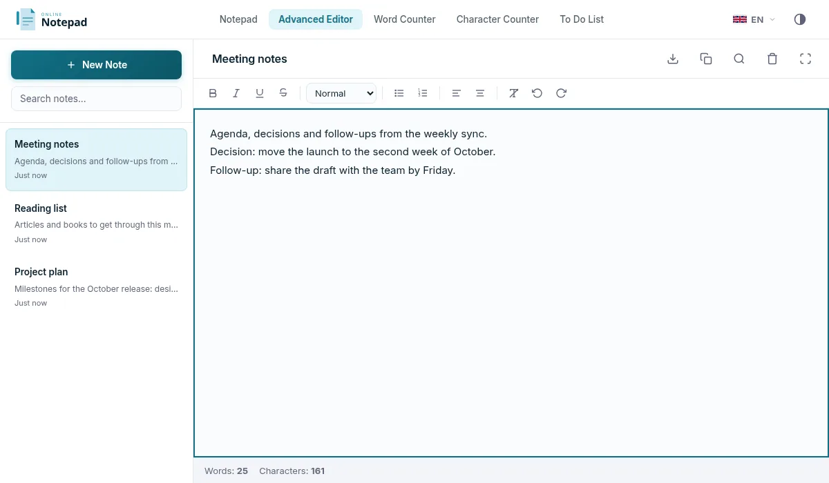 The Advanced Editor on OnlineNotepad.net, with three titled notes in the sidebar and the Meeting notes page open