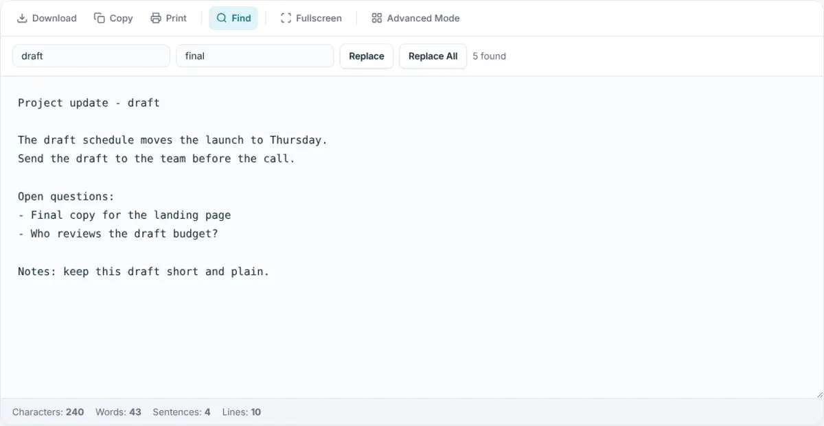 Find and replace in the OnlineNotepad.net text editor: the word draft found 5 times, with final typed as the replacement