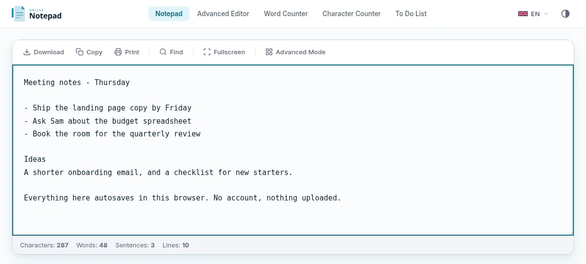 The simple notepad on OnlineNotepad.net: a plain-text page of meeting notes with Download, Copy, Print, Find and Fullscreen in the toolbar